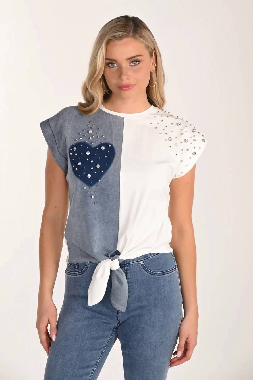 NEW FRANK LYMAN studded heart tie top in white/blue